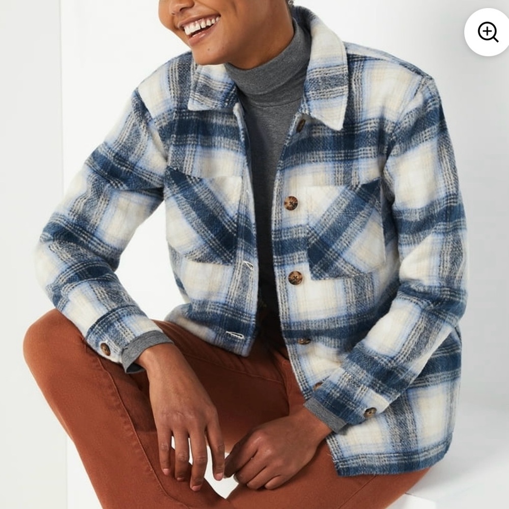 Women’s Time and Tru Blue and White Plaid Shacket Jacket